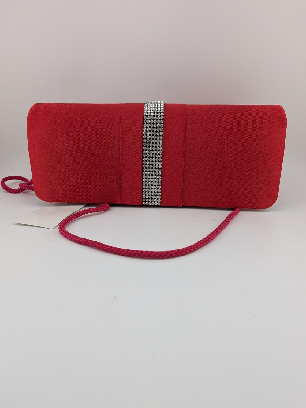 Red Satin Clutch with Rhinestone Trim